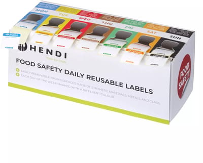 HENDI Set herbruikbare voedselveiligheidsstickers met dispenser – 7 rollen voor elke dag van de week 25x25 mm 7000 stuks