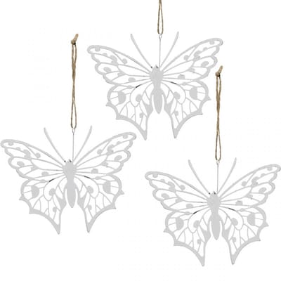 Vlinderdecoratie hangend vintage metalen decoratie wit 15×12cm 3 st, 3