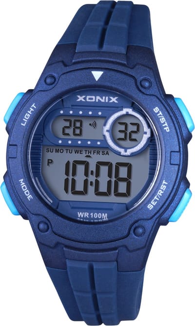 Xonix BAJ-A06 - Horloge - Polshorloge - Digitaal - Volwassene - Tiener - Unisex - Rond - Siliconen band - ABS - Schermverlichting - Alarm - Datumaanduiding - Start-Stop - 2de tijdzone - 12/24H - Chronograaf - DonkerBlauw - LichtBlauw