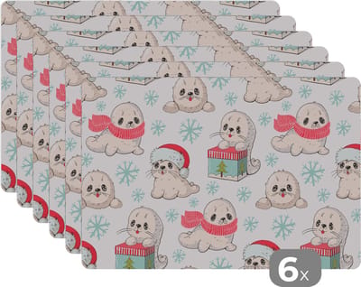 Placemat - Placemats kunststof - Zeehonden - Kinderen - Kerst - Winter - Patroon - 45x30 cm - 6 stuks - Hittebestendig - Anti-Slip - Onderlegger - Afneembaar