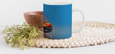 Mok - Koffiemok - Auto - Vlammen - Vuur - Blauw - Vintage - Mokken - 350 ML - Beker - Koffiemokken - Theemok