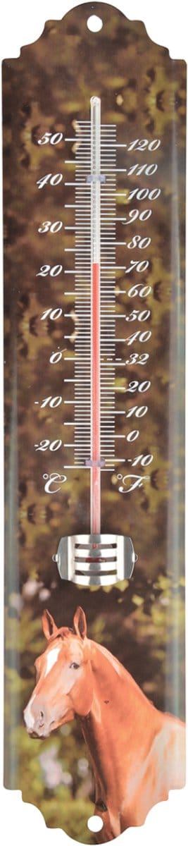 Thermometer paard 30 cm hoog - buitenthermometer - metaal - boerderijthema - temperatuur meten buiten - decoratief - tuindecoratie - metaal - om op te hangen - cadeau - geschenk - nieuwjaar - Kerst - verjaardag