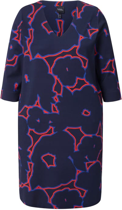 Ulla Popken - Dames - Punto jurk bloemen V-hals 3/4-mouwen zakken - Marine - Maat 54+