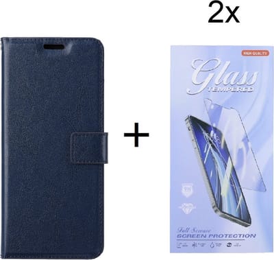 Bookcase Geschikt voor: Motorola Edge 30 Pro - Donkerblauw - portemonnee hoesje met 2 stuk Glas Screen protector