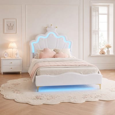Kinderbed 140x190 cm prinsessenbed wit met kroon hoofdbord en LED verlichting