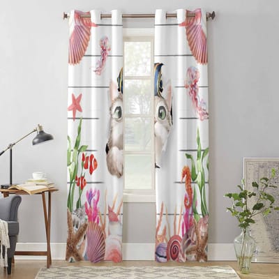 Kat Oceaan Kwallen Koraal Zeester Raamgordijnen voor Woonkamer Slaapkamer Gordijn Modern Keuken Jaloezieën Draperieën Gordijnen 135W x 60H(cm) x1