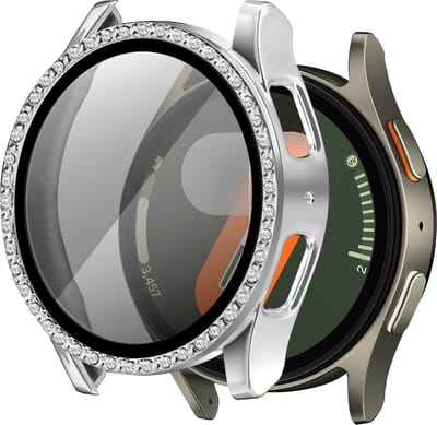 Bandz Diamond hoesje met screenprotector geschikt voor Samsung Galaxy Watch 7 - 44mm case - hard plastic beschermhoes - glazen screen protector - Full cover case + screenprotector (zilver))