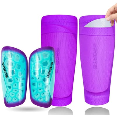 Garde-tibias de Football Loogdeel Pour Enfants Jeunes Adultes Coussinets Protecteurs Légers Avec Manches Design Compact L--Adult bleu