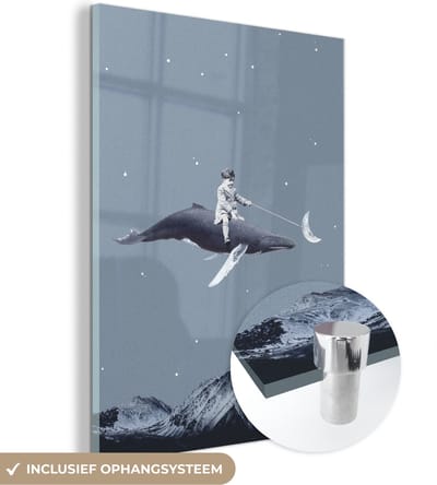 MuchoWow® Glasschilderij 120x160 cm - Schilderij acrylglas - Ruimte - Jongen - Maan - Walvis - Foto op glas - Schilderijen