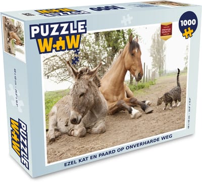Puzzel Ezel kat en paard op onverharde weg - Legpuzzel - Puzzel 1000 stukjes volwassenen