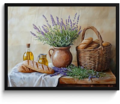 Poster in lijst - Fotolijst 70x50 cm - Posters - Lavendel - Brood - Stilleven - Posterlijst zwart - Decoratie - Wanddecoratie woonkamer - Muurdecoratie slaapkamer