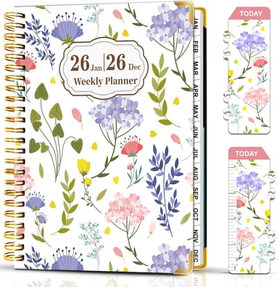 Famanu – Weekplanner 2026 21,5 x 16 cm met spiraal maandtabbladen bladwijzer en extra ruimte voor weeknotities en planning
