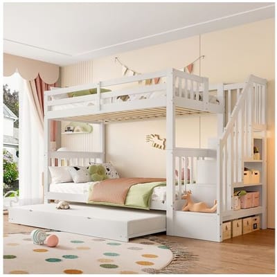 Merax Stapelbed 2 x 90 x 200 cm met uitschuifbed 90 x 190 cm - trapplank - MDF hout - Wit