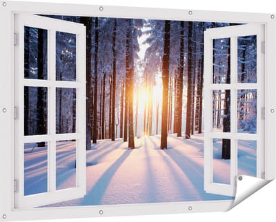 Gards Tuinposter Doorkijk Bos met Sneeuw tijdens de Zonsondergang - 150x100 cm - Tuindoek - Tuindecoratie - Wanddecoratie buiten - Tuinschilderij