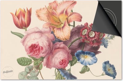 Inductie beschermer 60x60 - afdekplaat inductie mat - Dietrix Kookplaat beschermer - Exclusief - Bloemen en Planten - Vintage boeket op lichtgeel