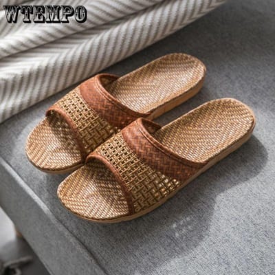 Linnen Geweven Slippers Dames Buitenschoenen Zomer Antislip Sandalen Huis Zachte Zool Rotan Gras Ademende Pantoffel Buiten Strand Flip-flops 42-43