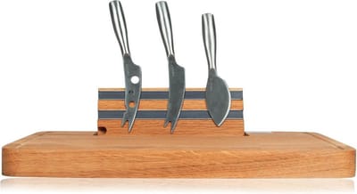 BOSKA Party Cheese Set - Kaasplank met messen - Luxe Eikenhouten Serveerplank met Magneetstrip - Bruin - 34,2 cm