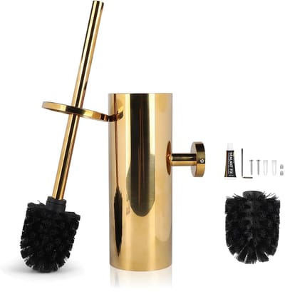 Dailygoods - EXLECO roestvrij staal gouden wc-borstel met vervangbare borstel, wateropvangbak, toiletborstel en toiletborstelhouder voor wandmontage, staande wc-borstelhouder, wc-garnituur, badkameraccessoires
