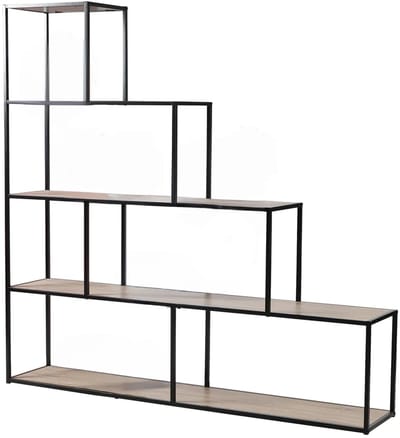 CALICOSY - Boekenkast met 5 niveaus en Design Trap - Decoratie Hout en Zwart Metaal - L160 x H157 cm - LEXIE