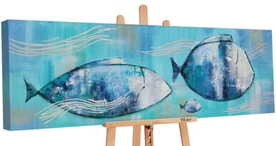 Canvas schilderij panoramisch handgeschilderd zeefamilie vissen onderwaterwereld – YS-Art Gallery – Luxe wanddecoratie voor woonkamer – Uniek schilderij voor kinderkamer en hal
