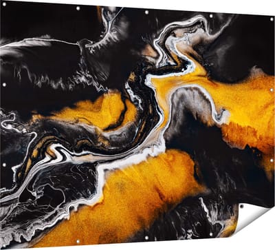 Gards Tuinposter Abstracte Kunst van Zwarte Gouden Verf - 160x120 cm - Tuindoek - Tuindecoratie - Wanddecoratie buiten - Tuinschilderij
