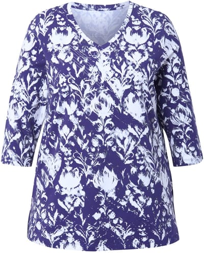 Ulla Popken - Dames - Shirt siersteentjes A-lijn V-hals 3/4-mouwen - Donkermarine - Maat 42+