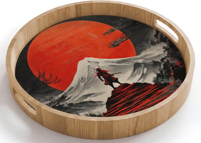 Dienblad rond 40x40 cm - Schootdienblad hout - Krijger - Rode trappen - Zon - Berg - Borrelplank rechthoek - Plateau houten dienbladen