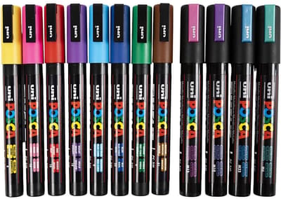Posca Marker, afm PC-5M + PC-3M, lijndikte 0,9-1,3 + 2,5 mm, diverse kleuren, 12 stuks