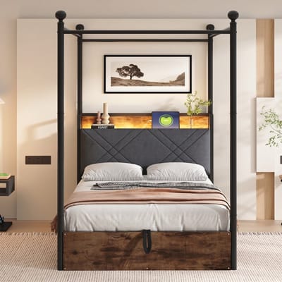 VVBV Hemelbed 90x190 cm - Hydraulische Opbergruimte, LED-Verlichting, USB-C, Huisdesign, Voor Kinderen/Tieners - Metaal Zwart
