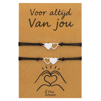 Koppel Armbandjes voor 2 "Voor altijd van Jou" - Hartje - Vriendschapsarmbandjes met Valentijn Cadeau Kaartje - Zilverkleurig - Elastisch Verstelbaar - Pax Amare