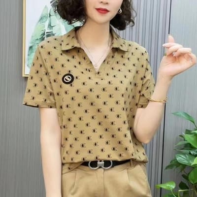 Mama Zomer T-shirt Korte Mouw Dames Nieuw Revers Grote Maat Polo Halslijn Shirt Modieuze Top 4XL beige