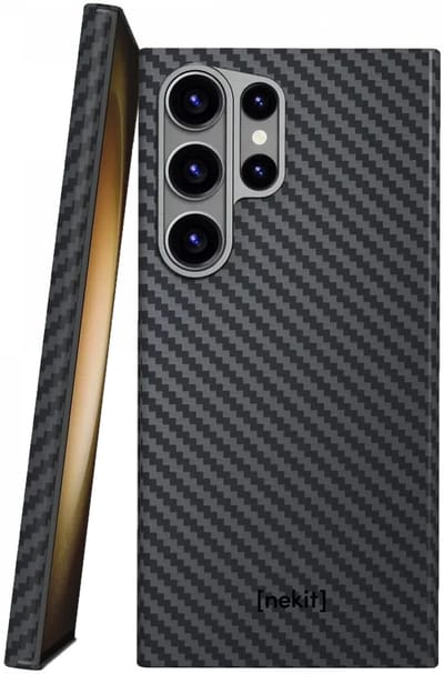 NEKIT Fiber Hoesje Geschikt voor Samsung Galaxy S23 Ultra - Compatibel met MagSafe - High-tech Kevlar Aramidevezels 1500D - Back Cover Ultra Dun - Grijs/Zwart