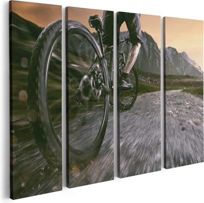 Artaza Canvas Schilderij Vierluik Moutainbike Fietser in de Bergen - 80x60 - Foto Op Canvas - Canvas Print