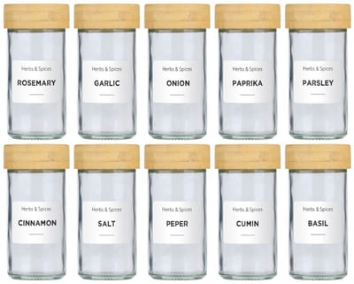 alpina Kruidenpotjes Set van 12 - Inclusief Kruiden Stickers en Strooideksels - Glazen Potjes met Deksel - Keuken Organizers - Bamboe