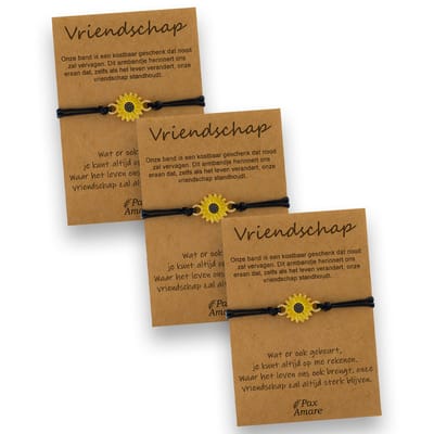 Vriendschapsarmbandjes voor 3 "Vriendschap" - Zonnebloem - BFF Armbandjes met Persoonlijk Cadeau Kaartje - Zwart met Bloem Hanger - Op Drie Kaartjes- Pax Amare