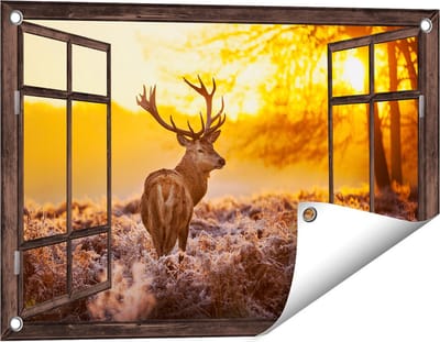 Gards Tuinposter Doorkijk Hert in Bos tijdens de Zonsopkomst - 60x40 cm - Tuindoek - Tuindecoratie - Wanddecoratie buiten - Tuinschilderij
