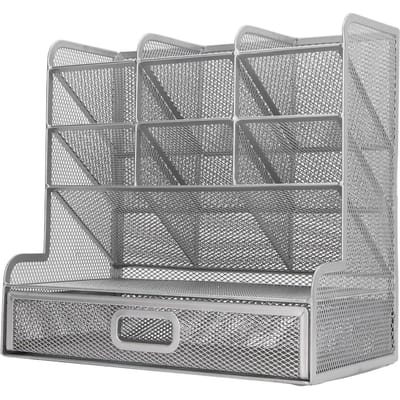 Mesh Pennenbak 9 Vakken met 1 Uitschuiflade Staande Opbergruimte IJzer Multifunctionele Pen gray