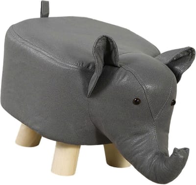 Kruk Olifant Hout - Krukje - Poef - Hocker - Kunstleer - Donker Grijs - Kinderkamer - Babykamer