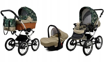 BabyLux® Kinderwagen 3in1 - CLASSIC EXCLUSIVE - FERN LEAF SILVER FRAME - Opklapbare Wandelwagen incl. Reiswieg, Multifunctionele Buggy Sportstoel, Autostoel - Combi-kinderwagen met Luiertas, Regenhoes, Klamboe, Bekerhouder, etc.