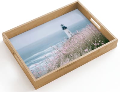 Dienblad hout 40x30 cm - Schootdienblad - Vuurtoren - Klif - Zee - Bloemen - Borrelplank rechthoek - Plateau dienbladen