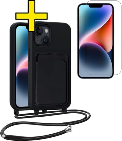 Hoesje Geschikt voor iPhone 13 Telefoonhoesje Met Koord Case Pashouder Met Screenprotector Siliconen - Hoes Geschikt voor iPhone 13 Hoesje Met Kaarthouder - Zwart