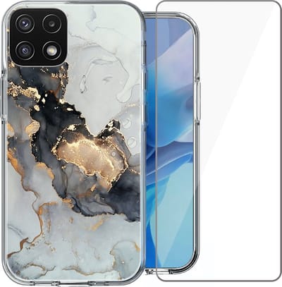 Hoesje geschikt voor Samsung Galaxy A22 5G - Siliconen Shock Proof Case Back Cover Hoes Marmer Goud + Screenprotector Gehard Glas Screen Protector
