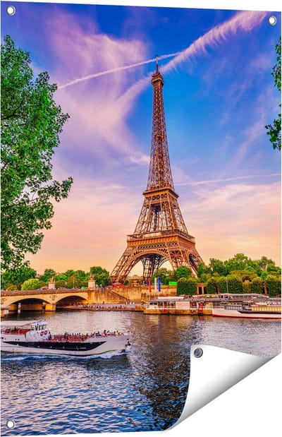 Gards Tuinposter Eiffeltoren in Parijs aan het Water - Kleur - 60x80 cm - Tuindoek - Tuindecoratie - Wanddecoratie buiten - Tuinschilderij