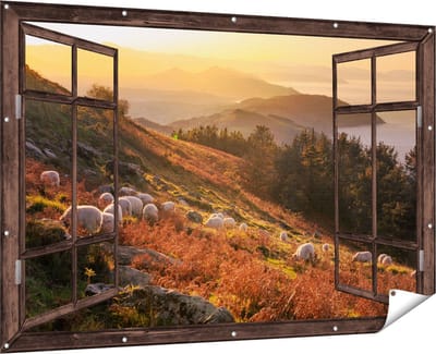 Gards Tuinposter Doorkijk Schapen in de Bergen - 180x120 cm - Tuindoek - Tuindecoratie - Wanddecoratie buiten - Tuinschilderij