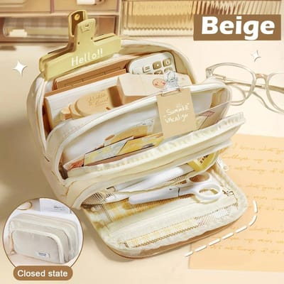 Leuke multi-layer etui, grote capaciteit etui, duurzame opbergtas voor kantoorbenodigdheden voor studenten, school en kantoor beige