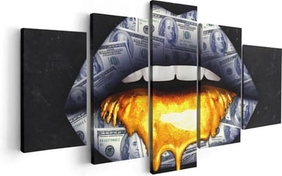Artaza Canvas Schilderij Vijfluik Dollar Lippen Met Goud - 100x50 cm - Wanddecoratie Woonkamer - Schilderijen - Muurdecoratie