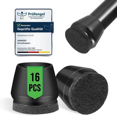 Protected Silicone Chair Leg Caps 20-22 mm - 16 Pieces Black with Felt Pads for Hard Floors