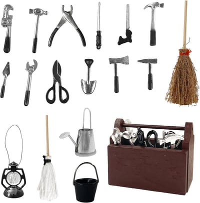 Miniatuur Gereedschapskist met 18 Delige Handgereedschappen voor Poppenhuizen en Tuinaccessoires