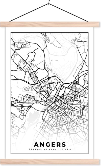 Posterhanger incl. Poster 40x60 cm - Schoolplaat - Stadskaart - Angers - Plattegrond - Kaart - Frankrijk - Zwart wit - Textielposter - Blanke latten - Stadskaart