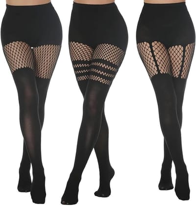 Set van 3 Dames Halter Kousen, Visnet Kousen, Hoge Taille Net Kousen met Garterriem voor Feestjes en Avonden (Zwart)